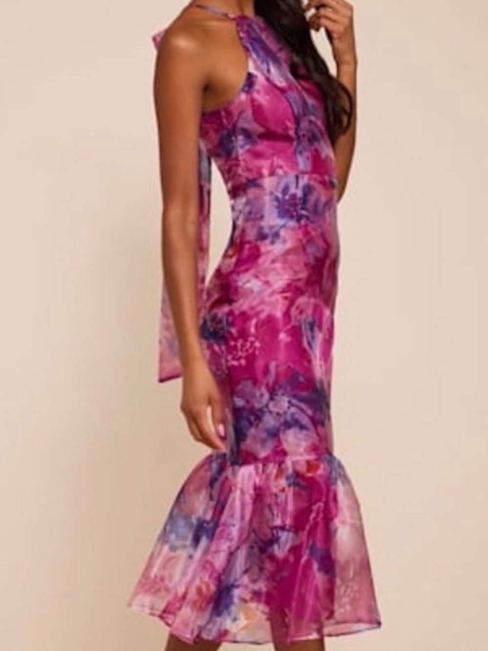 Lulu's Magenta & Purple Floral Halter Tie-Back Midi Dress